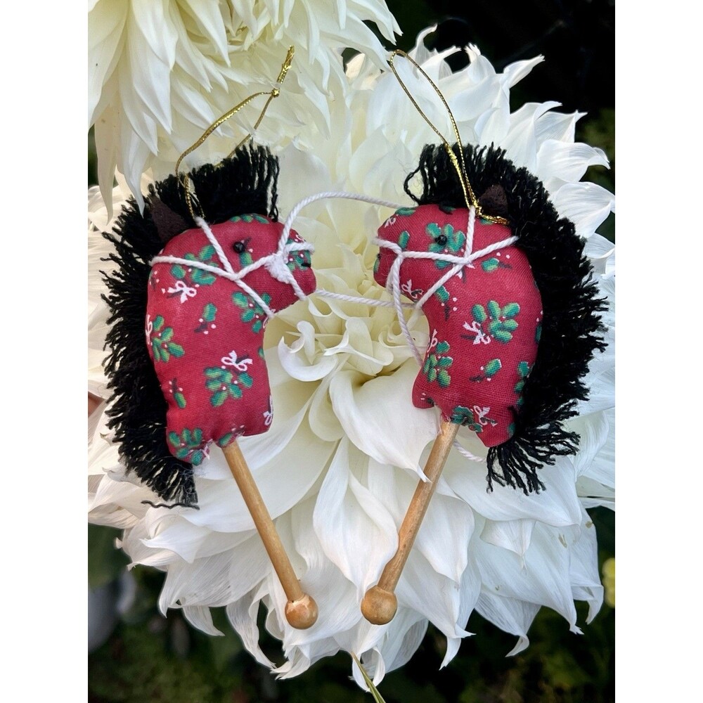 Vintage Handmade Stick Horse Christmas Ornaments Fabric Hobby Horse Pair Red